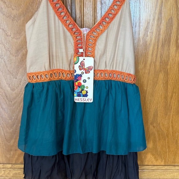 New W Tag Kessley Sun Dress Womens Sleeveless Medium Tiered Layers Orange Green - Picture 4 of 7